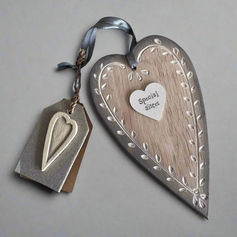 Cream Wooden Long Heart - Sister