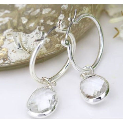 Silver Hoops with Clear Crystal Drop